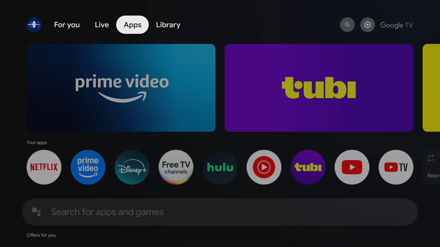 Google TV Apps tab with Search for apps and games